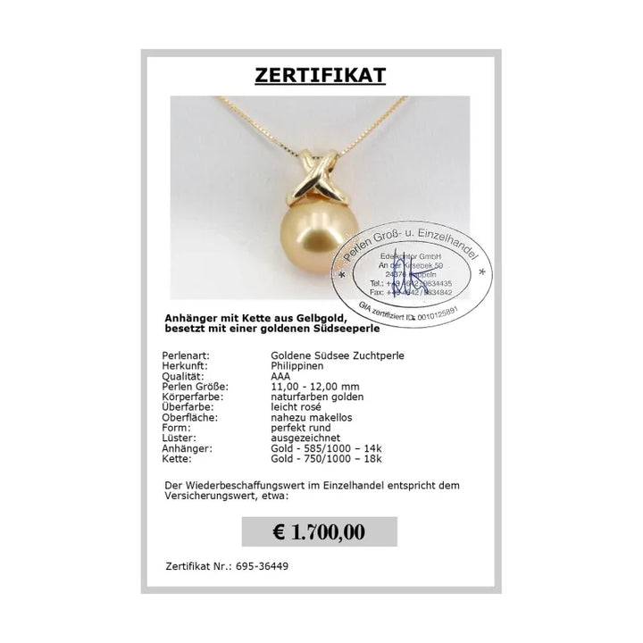 Große Südsee Perle Zertifikat