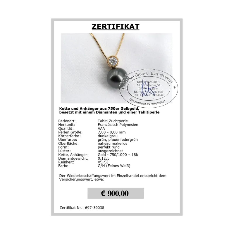 Goldkette mit Diamant und Tahitiperle Zertifikat