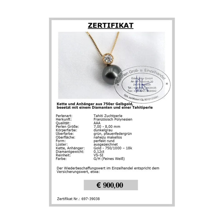 Goldkette mit Diamant und Tahitiperle Zertifikat