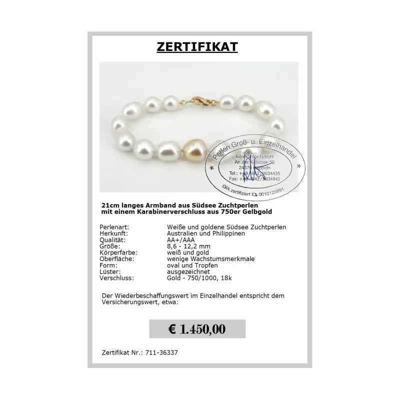 Südsee Perlenarmband Zertifikat