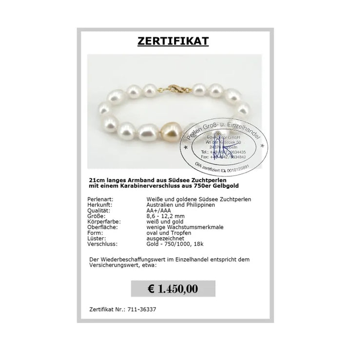 Südsee Perlenarmband Zertifikat