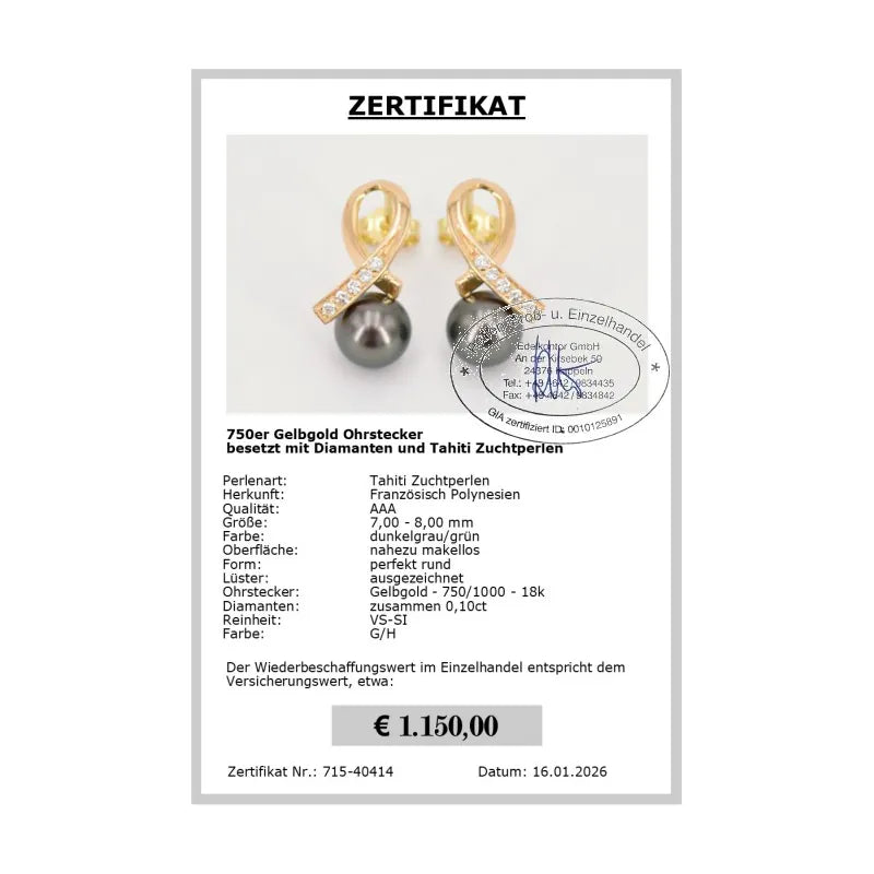 Diamant Tahiti-Perlen Ohrstecker Zertifikat