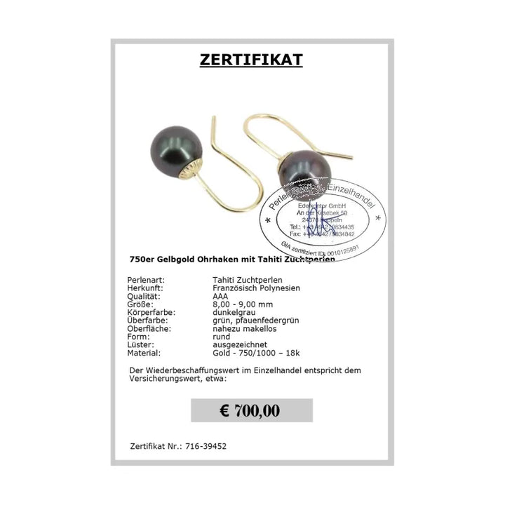 Ohrhaken Gold mit Perlen Zertifikat