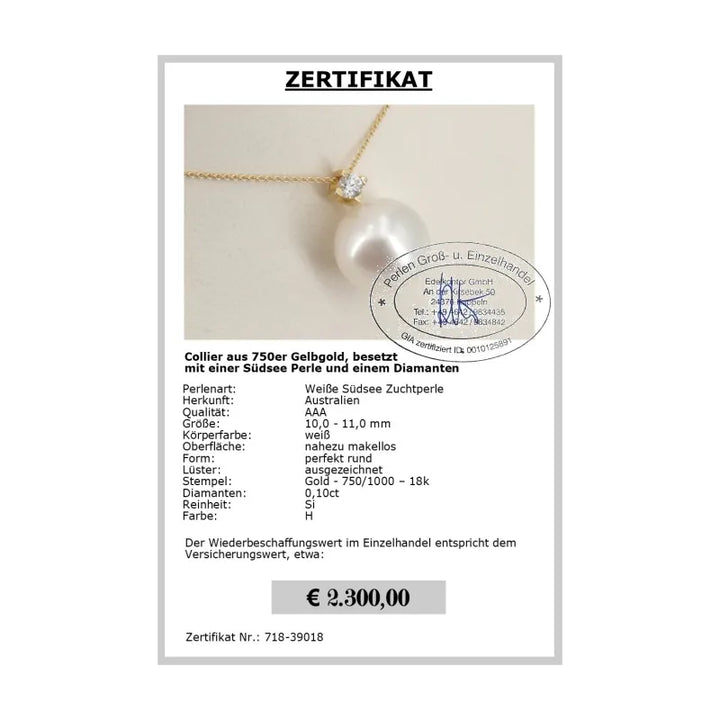 Gelbgold Collier mit Südseeperle Zertifikat