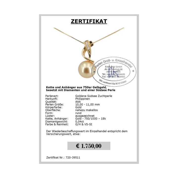 Kette mit Perlen Anhänger Zertifikat