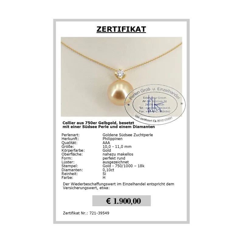Diamantcollier mit Südseeperle Zertifikat