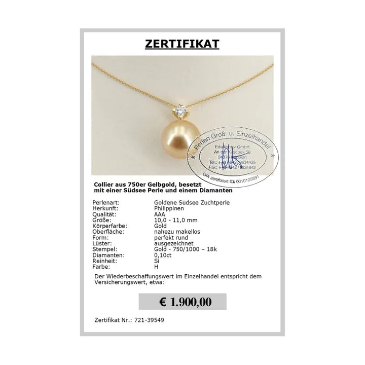 Diamantcollier mit Südseeperle Zertifikat