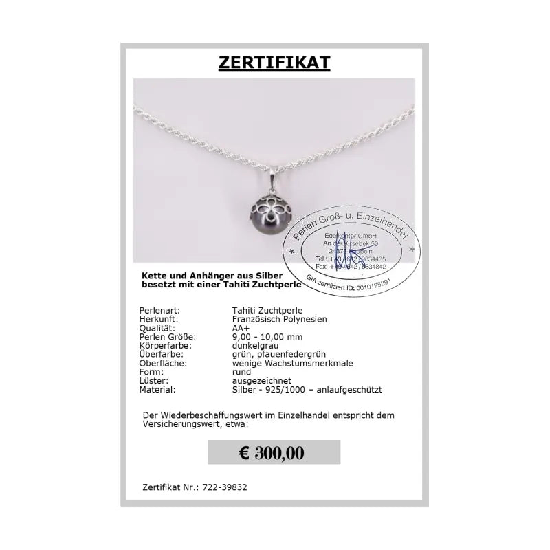 Kette mit Tahitiperlen Anhänger Zertifikat