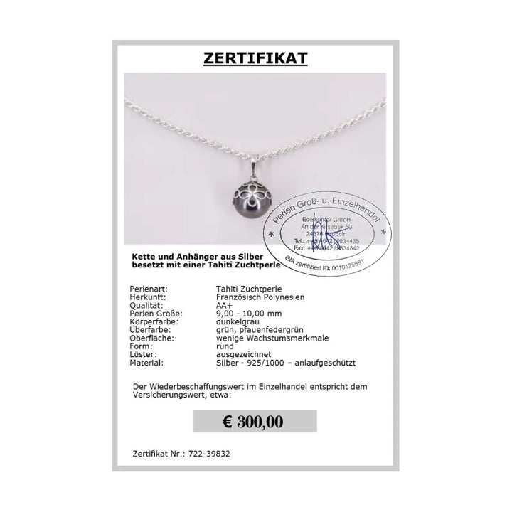 Kette mit Tahitiperlen Anhänger Zertifikat