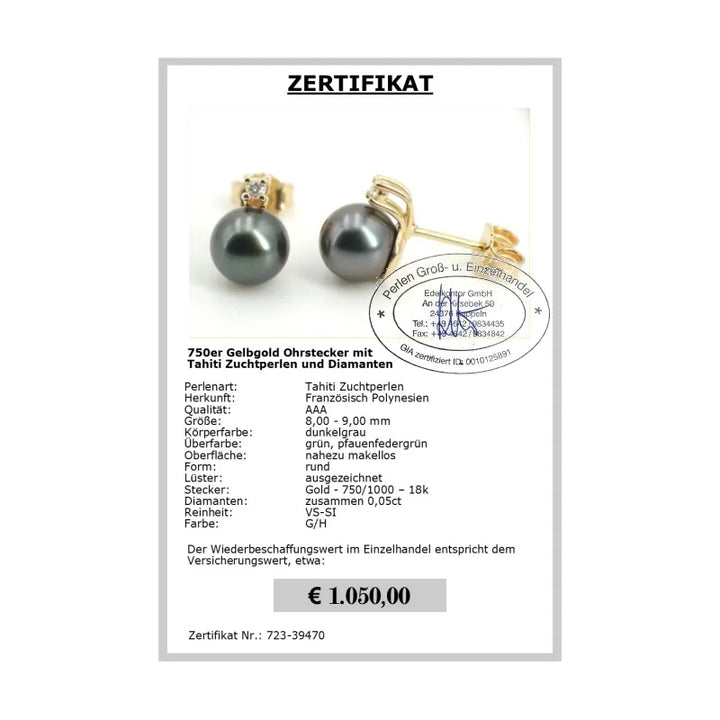 Tahitiperlen Ohrstecker mit Diamanten Zertifikat