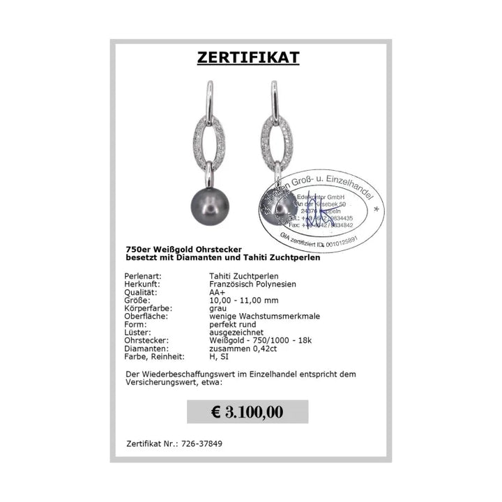 Ohrstecker mit Diamanten und dunklen Tahiti Perlen Zertifikat