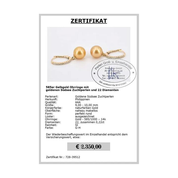 Diamantohrringe mit Südseeperlen Zertifikat