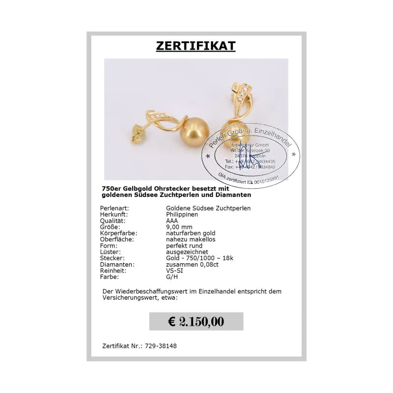 Südseeperlen Ohrringe Zertifikat