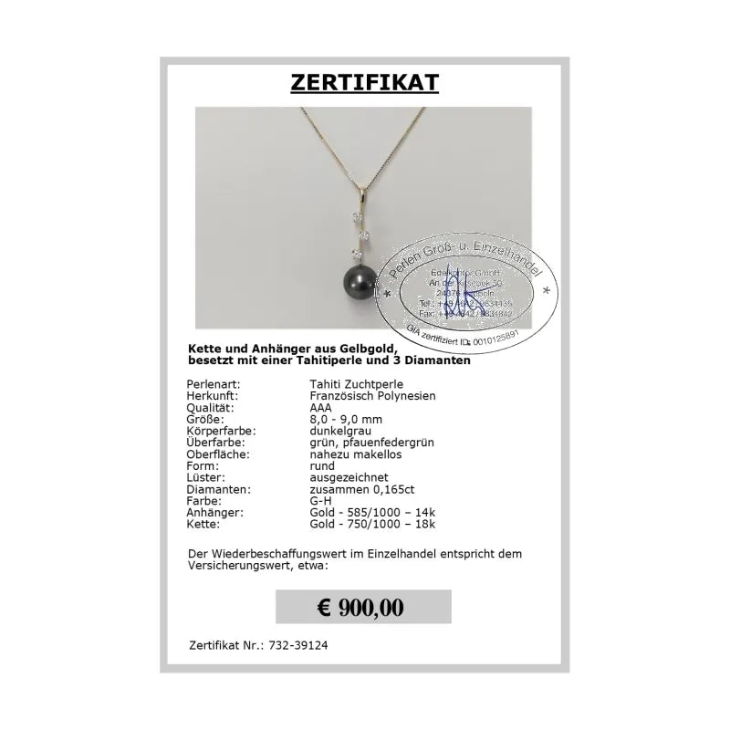Tahiti Perlen Diamant Anhänger Zertifikat