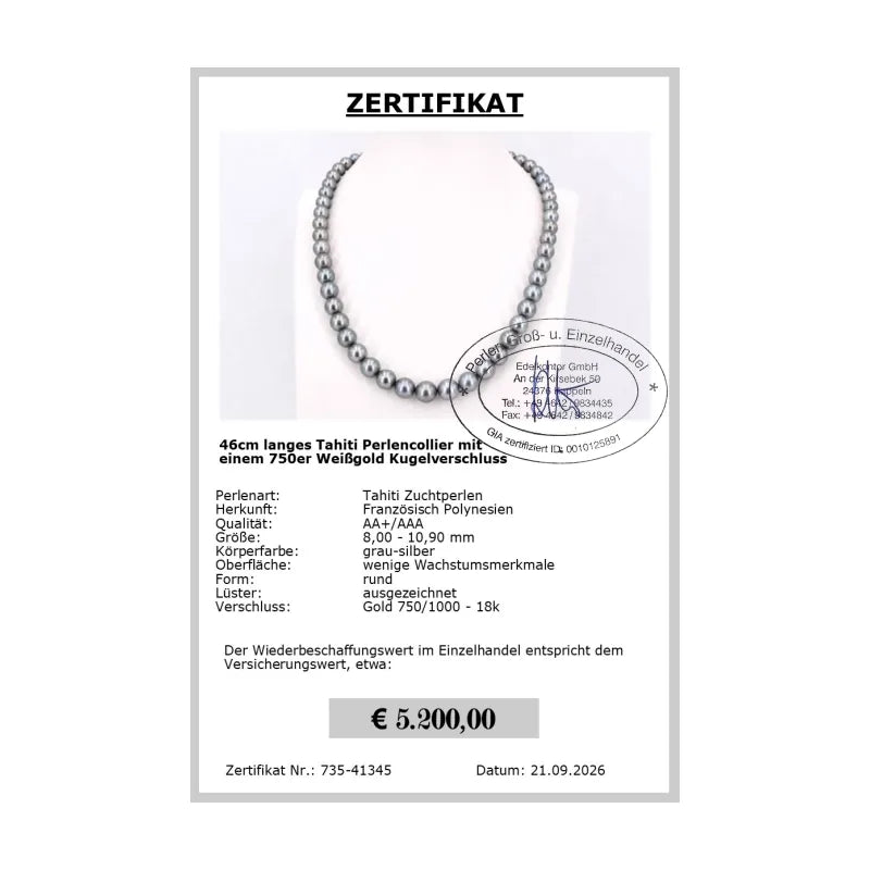 Perlenkette echt Tahiti Perlen - Zertifikat