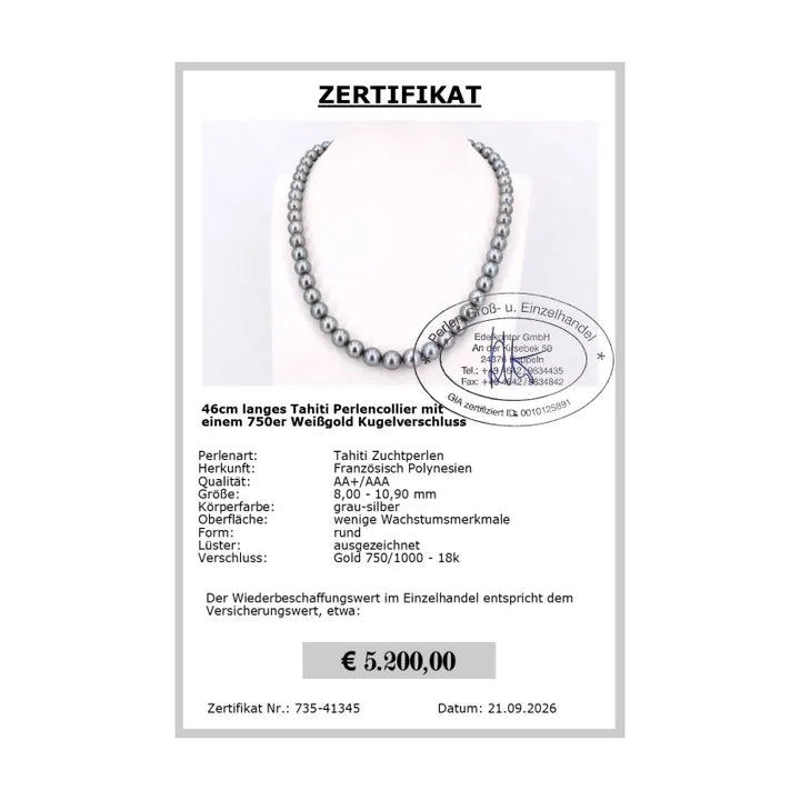Perlenkette echt Tahiti Perlen - Zertifikat