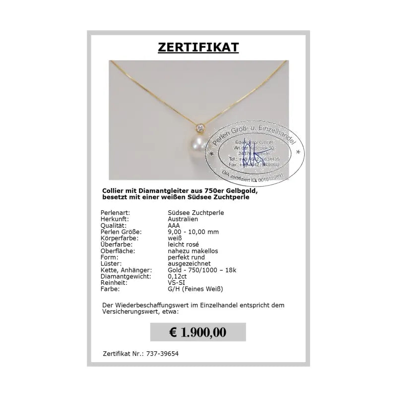 Gold Collier mit Südsee Zuchtperle Zertifikat