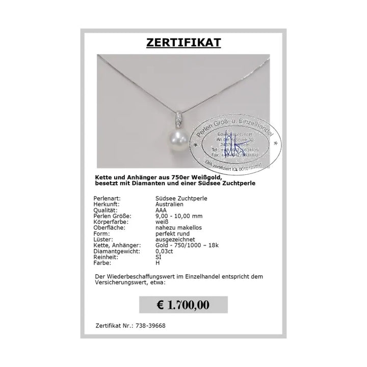 Südseeperle Anhänger Zertifikat