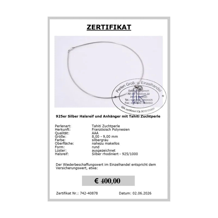 Halsreif / Omegakette mit Tahitiperle 8.0 - 9.0 mm silbergrau Zertifikat