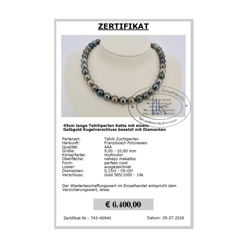 Tahitiperlen Collier Zertifikat