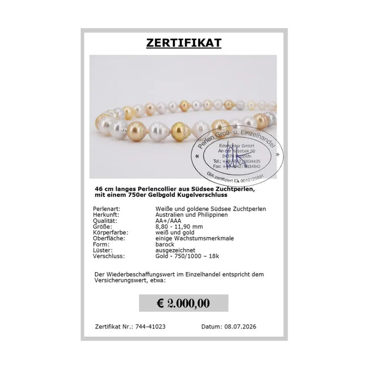 Südseeperlenkette Zertifikat