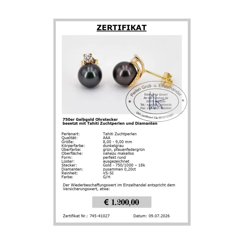 Perlenohrstecker Gold mit Tahitiperlen Zertifikat