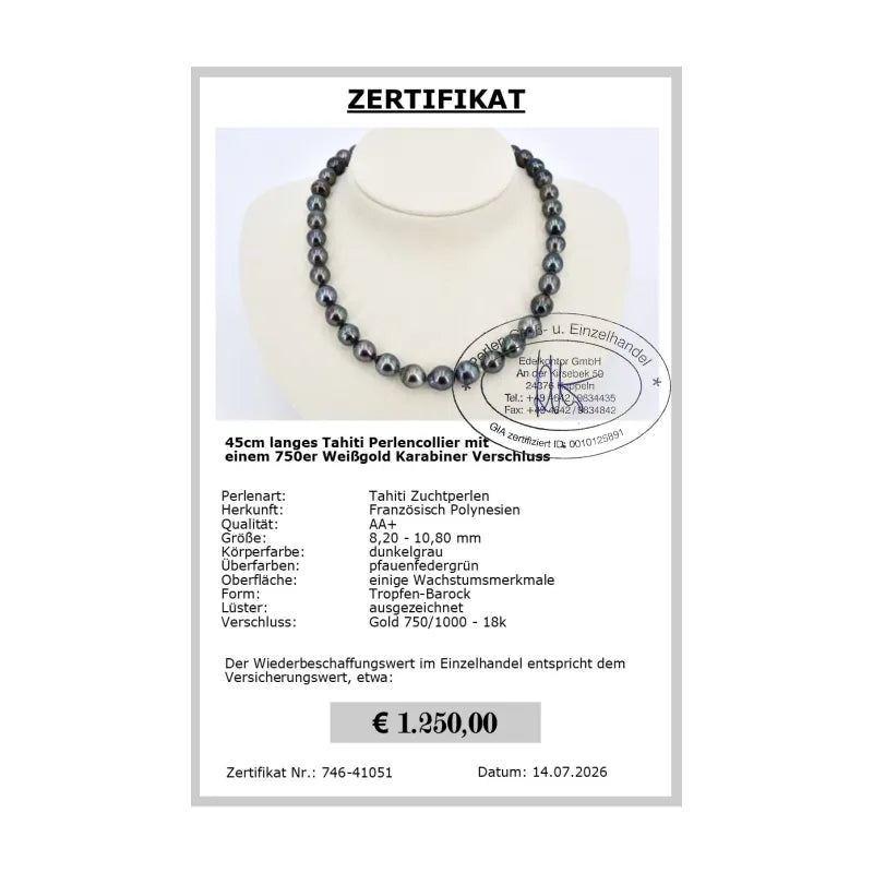 Tahiti Perlenkette schwarz Zertifikat