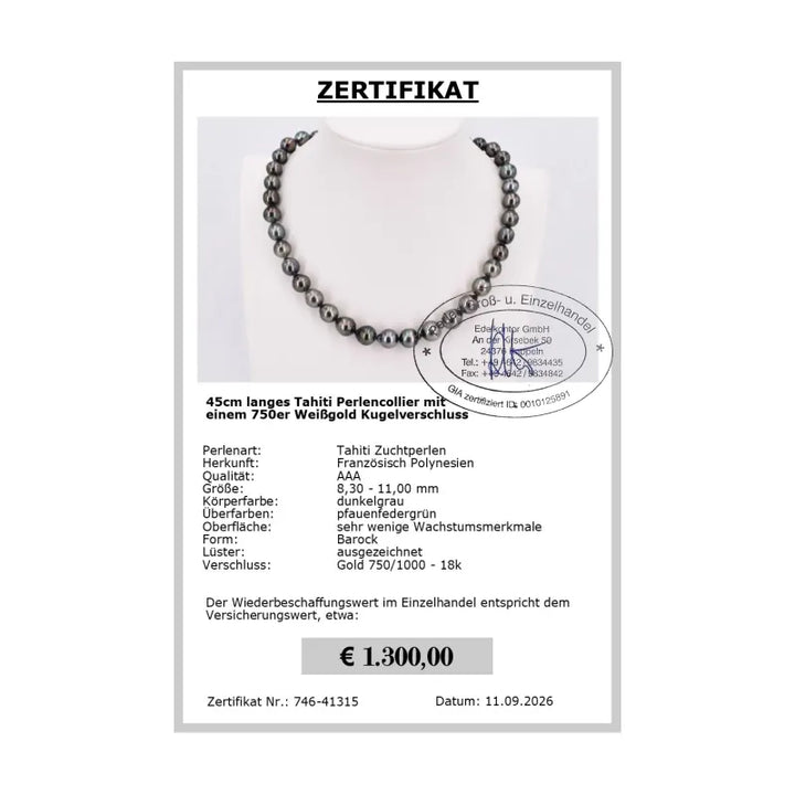 Tahiti Perlenkette schwarz - Zertifikat