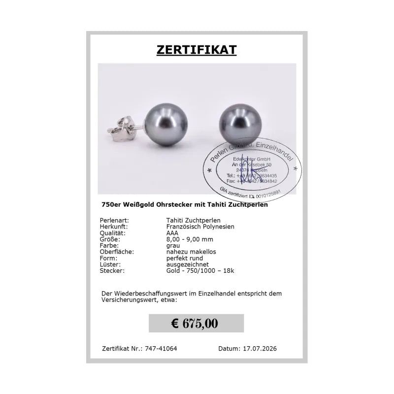 Tahitiperlen Ohrstecker Grau Zertifikat