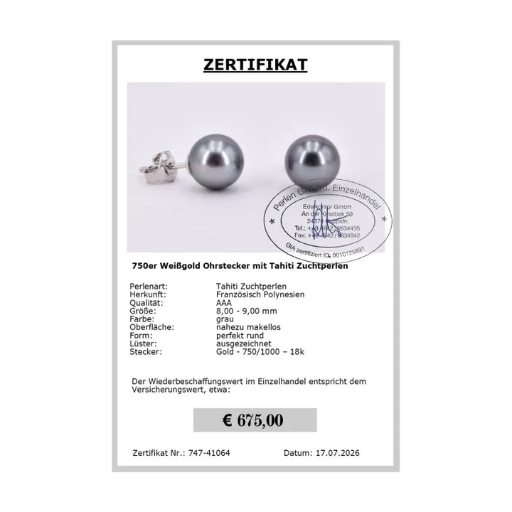 Tahitiperlen Ohrstecker Grau Zertifikat