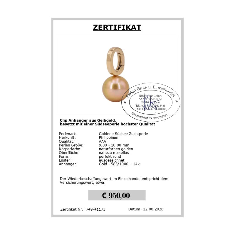 Anhänger mit goldener Südseeperle Zertifikat