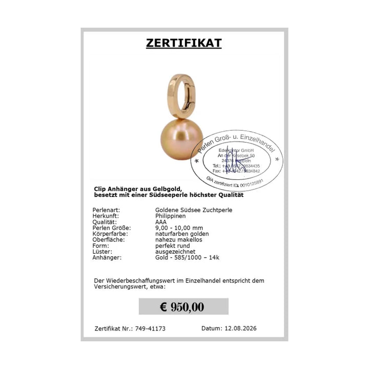 Anhänger mit goldener Südseeperle Zertifikat