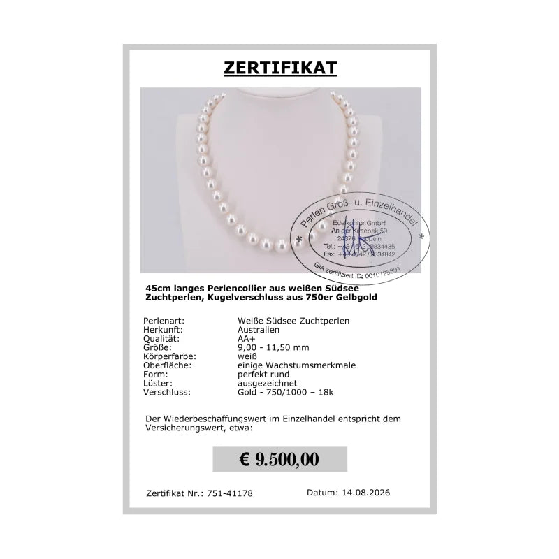 Südseeperlenkette Weiß - Zertifikat