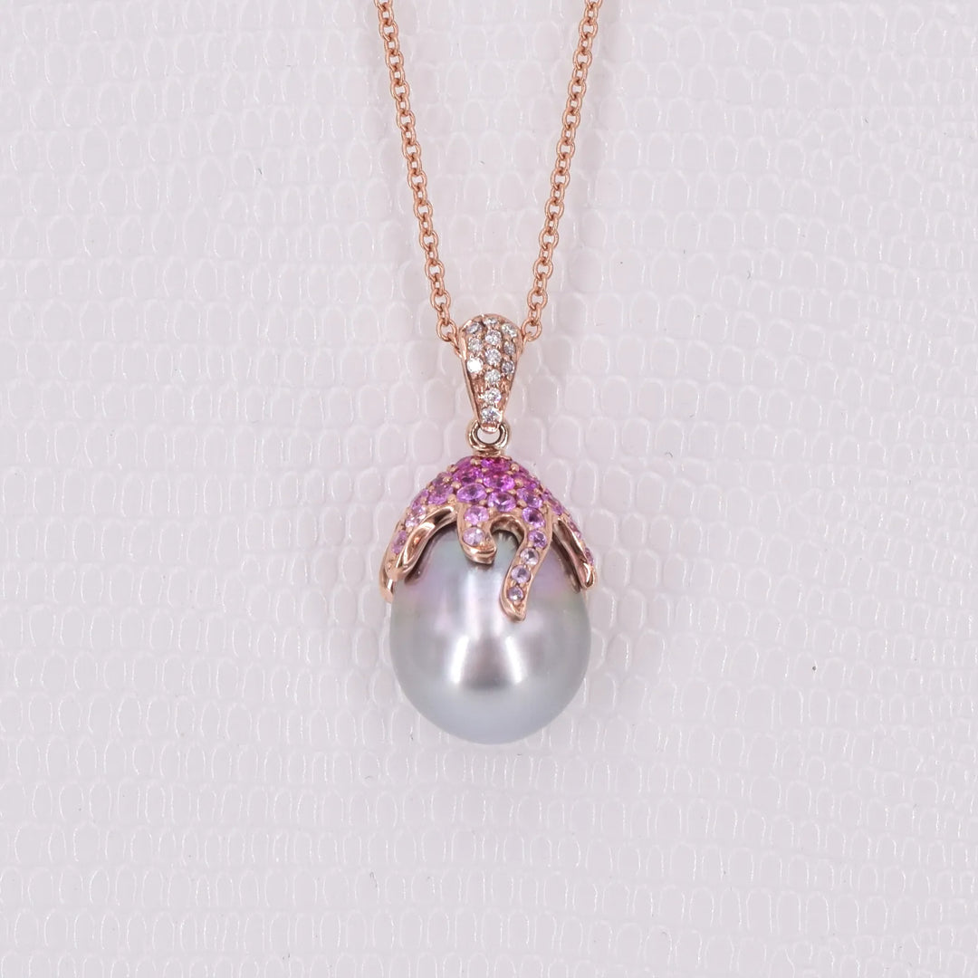 Roségold Tahitiperlen-Anhänger und Kette mit Diamanten &amp; Saphiren