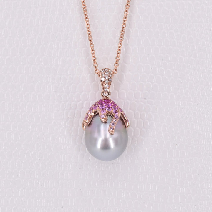 Roségold Tahitiperlen-Anhänger und Kette mit Diamanten &amp; Saphiren