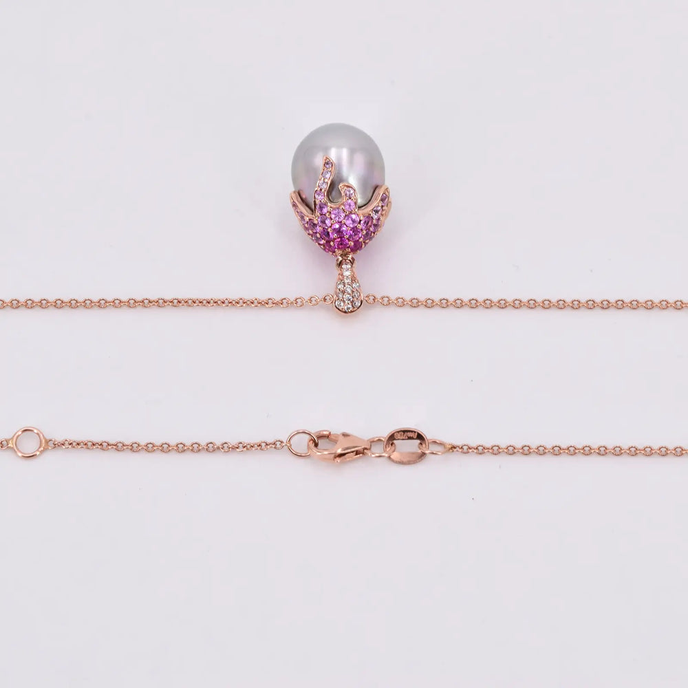 Roségold Tahitiperlen-Anhänger und Kette mit Diamanten & Saphiren