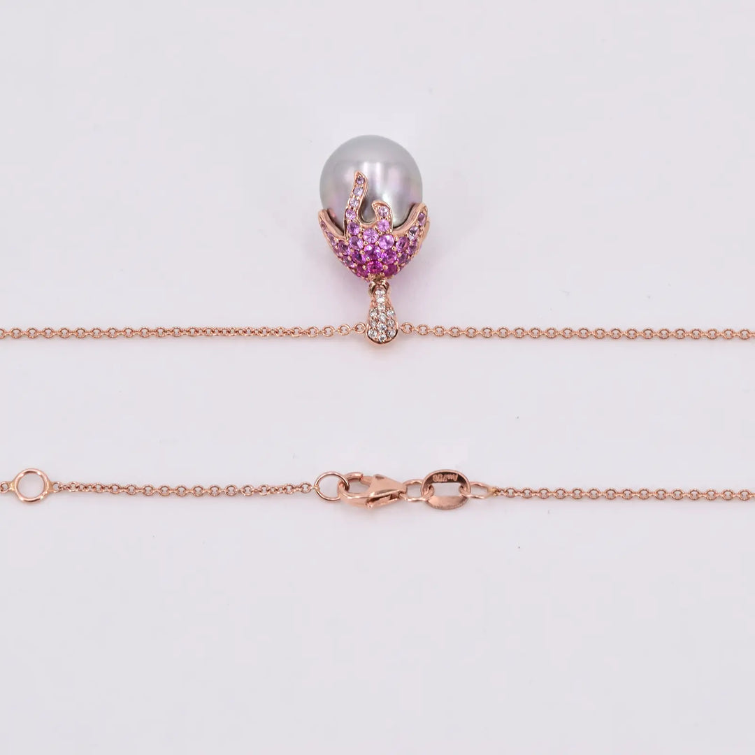 Roségold Tahitiperlen-Anhänger und Kette mit Diamanten &amp; Saphiren