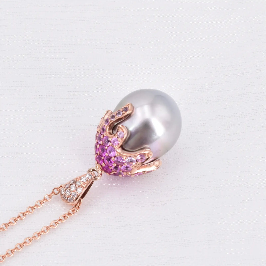 Roségold Tahitiperlen-Anhänger und Kette mit Diamanten &amp; Saphiren