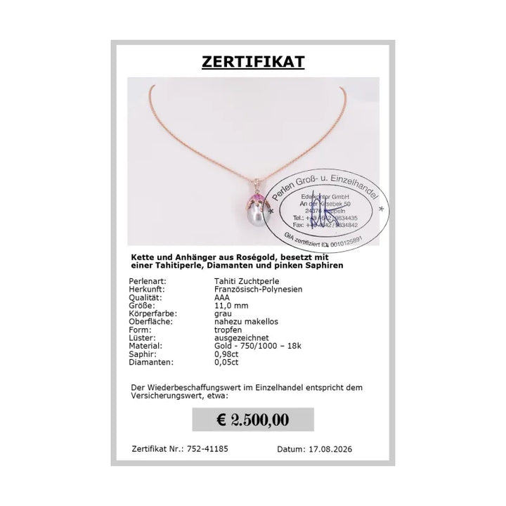 Zertifikat für Roségold Tahitiperlen-Anhänger und Kette mit Diamanten &amp; Saphiren