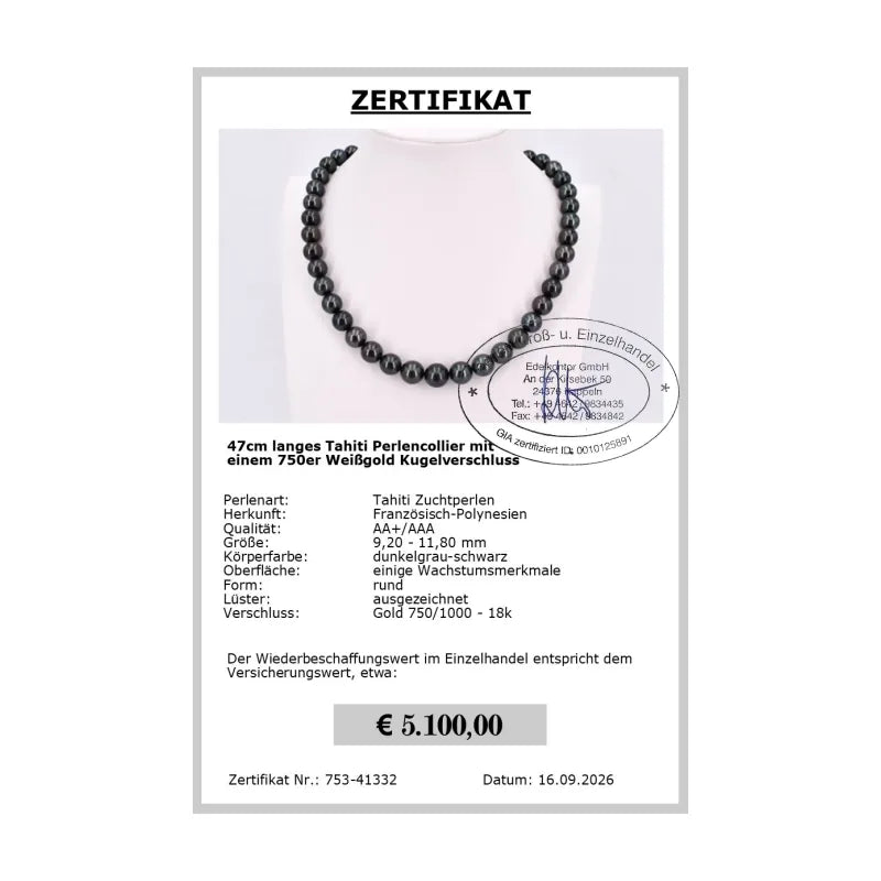 Schwarze Tahiti Perlenkette - Zertifikat