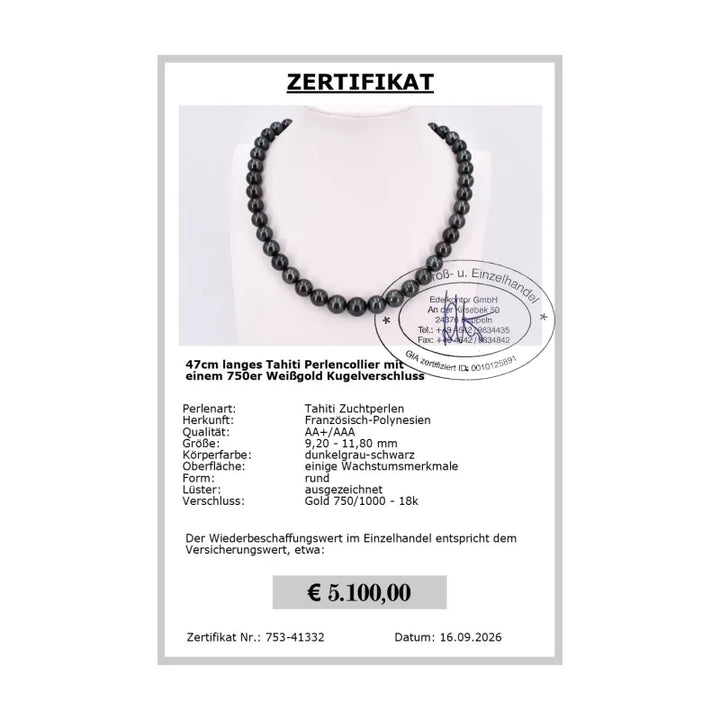Schwarze Tahiti Perlenkette - Zertifikat