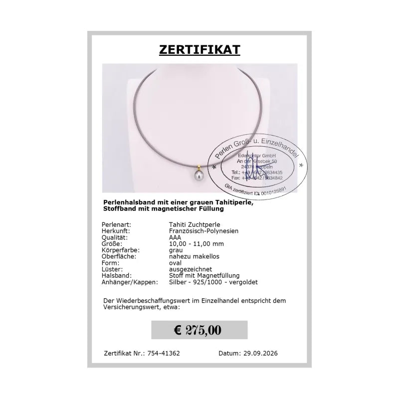 Perlenhalsband mit Tahitiperle - Zertifikat