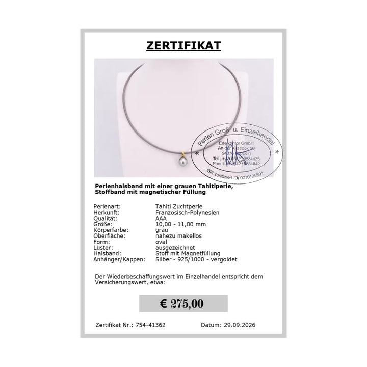 Perlenhalsband mit Tahitiperle - Zertifikat