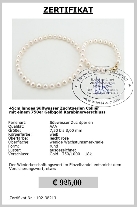 Echte Perlenkette, 7,5 - 8,0 mm, AAA Qualitt, 750er Goldverschluss