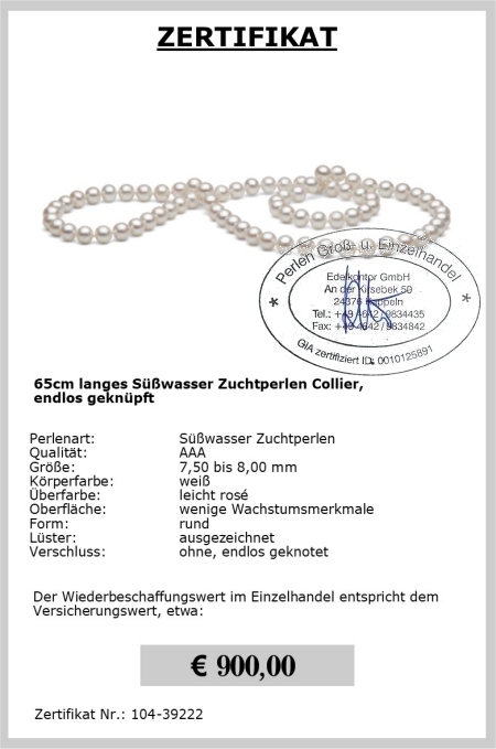 Endlos Perlenkette ohne Verschluss 7.5 - 8.0 mm