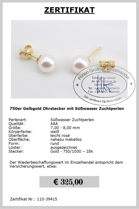 Perlenohrstecker Gold | Perfekt Rund 7,0 - 8,0 mm AAA | Ohrstecker Gold 750er - 18K | Edelkontor