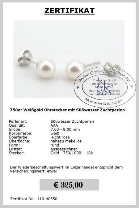 Perlen Ohrschmuck 7.0 - 8.0 mm aus Wei�gold - Edelkontor