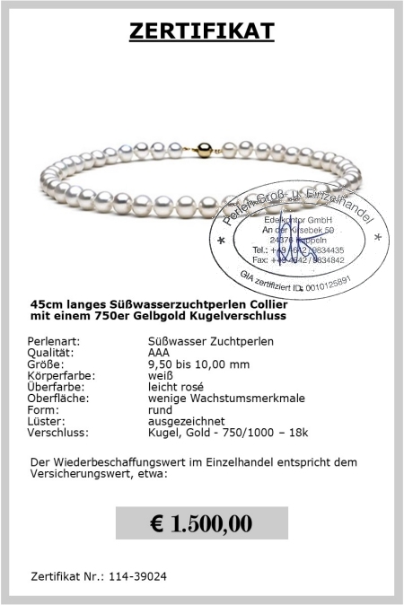 Perlen Kette in 45 cm | Rund 9,5 - 10,0 mm AAA | Verschluss Gold 750er