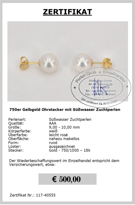 Perlenohrstecker 750er Gelbgold, Perlen 9.0 - 10.0 mm - Edelkontor