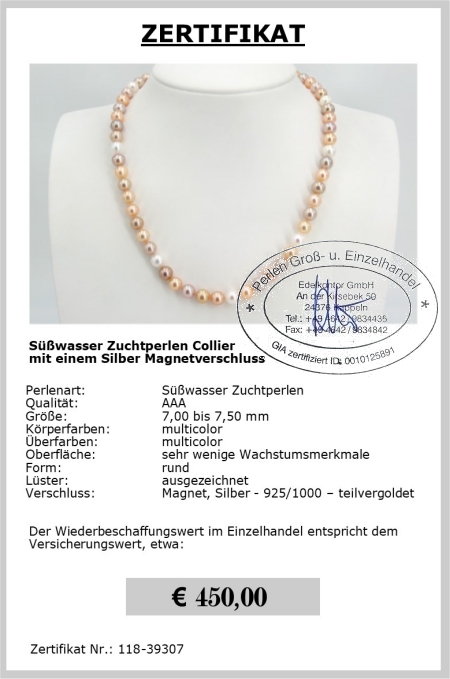 Edle Perlen Halskette aus Swasserperlen | Rund 7,0 - 7,5 mm AAA | Verschluss Magnet | EDELKONTOR